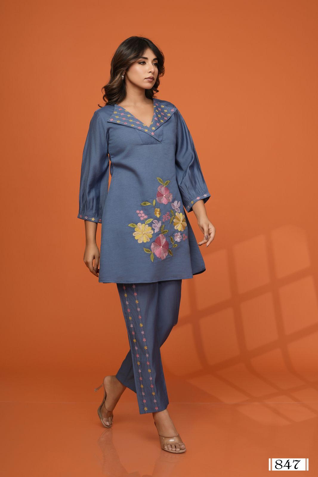Blue co-ord set with Embroidery