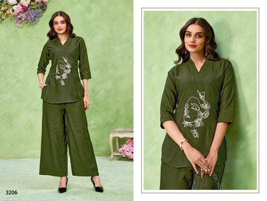 bottle green lenen cotton coord set with figer on top