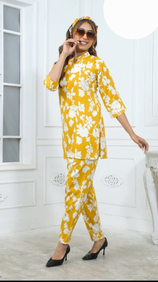 yellow colour flower print coord set