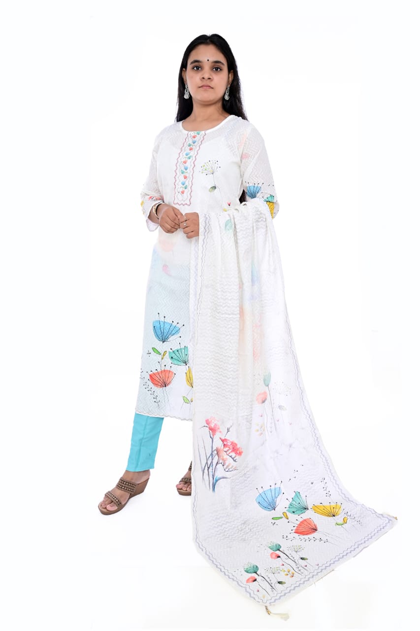 Brushstroke bliss white dress with dupatta
